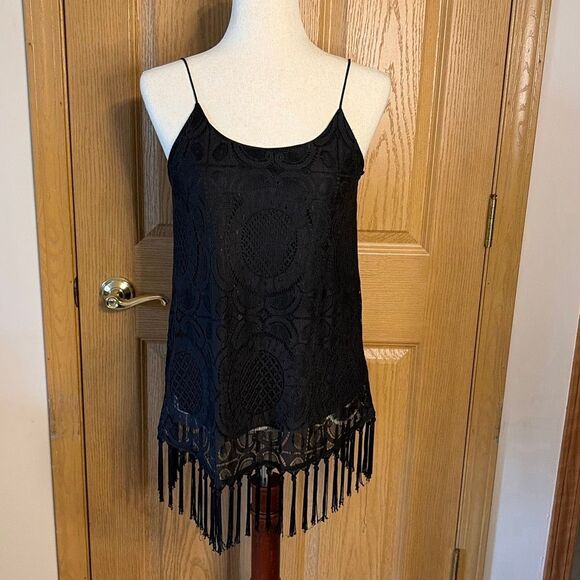 Blu Pepper Black Lace Fringe Tank Top Small - Picture 1 of 6